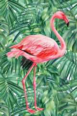Flamingo bird and palm leaves. Watercolor illustration. Festive poster, postcard