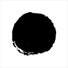 Vector circle black paint, ink brush stroke round shape. Black grunge design round element or background for text. Grungy black smear and rough stain. Hand drawn ink illustration isolated on white.