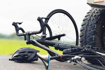 No people. Place of hit. Bicycle accident on the road at daytime. Place of disaster. Bicycle and...