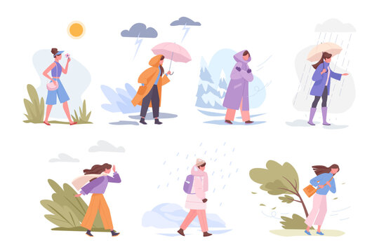 season people. woman walking in different weather time snow rain shiny cloudy. Vector season characters concept pictures