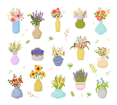 vase flowers. decorative beautiful plants standing in pots and vase botanical colored illustration in flat style. Vector templates
