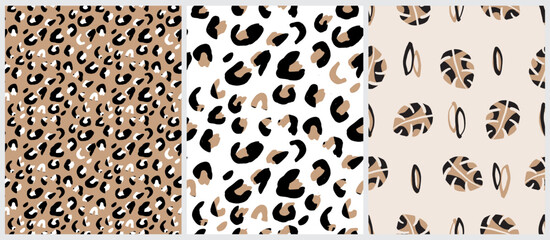 Abstract Leopard Skin Seamless Vector Patterns. White, Brown and Black Irregular Brush Spots on a White and Beige Background. Abstract Wild Animal Skin Print. Simple Irregular Monstera Leaves Design.
