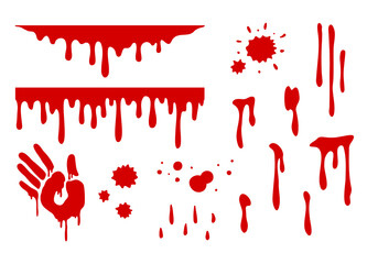 Collection of blood splatters. Halloween bleeding hand. Red paint
