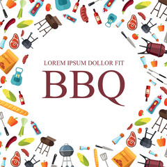 bbq background. decorative template with barbecue symbols grilled products and kitchen utensils for relax time. Vector cartoon picture in circle form