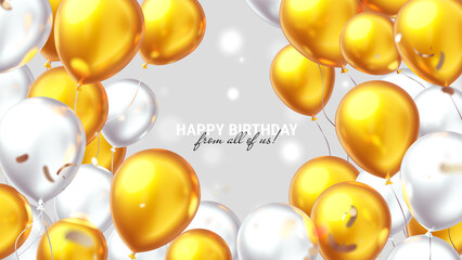 3d happy birthday illustration with pile of realistic golden and white air balloon on light background. Holiday horizontal template design with balloon with text and glitter confetti