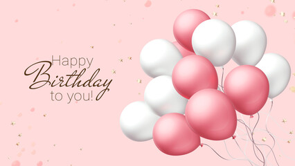 3d happy birthday horizontal illustration with bunch of realistic white and pink air balloon on pink background with text happy birthday and glitter confetti. Beautiful holiday template design