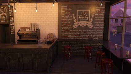 3D-Illustration of a modern and cozy bar restaurant