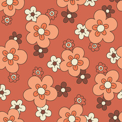 Colorful Medium Scale Hand-Drawn Floral Vector Seamless Pattern. Retro 70s Style Nostalgic Daisies. Fashion Textile Bold Background. Summer Resort Print. Flower Power