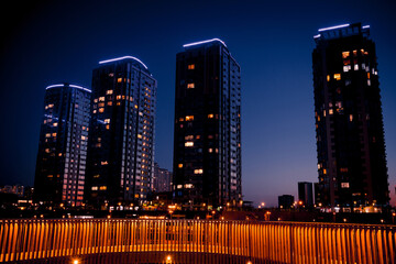 Illuminated Pedestrian Sidewalk with handrails over embankment in the night in Kyiv city. Ukraine. Night city view.