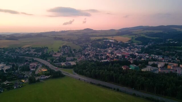 Slow flight towards small town in Czech Republic