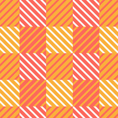 Fototapeta premium Plaid seamless pattern with square. Vector fabric print template. Scottish style gingham ornament. Geometric striped carpet background. Checkered red, white and orange backdrop.