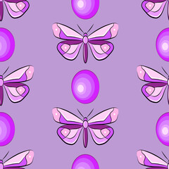 Cartoon pink butterfly colorful seamless pattern. Natural purple vector fabric print template. Beautiful insect, spread wings wallpaper.