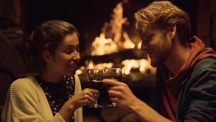 Couple celebrate evening date by fireplace. Relaxed lovers enjoy drink wine.