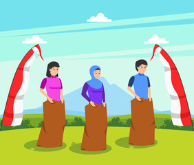 Indonesia traditional games during independence day, balap karung translate: sack race. celebration of freedom