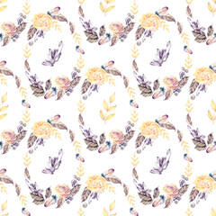Cute watercolor seamless pattern with pastel colored crystals, rose leaves and flowers