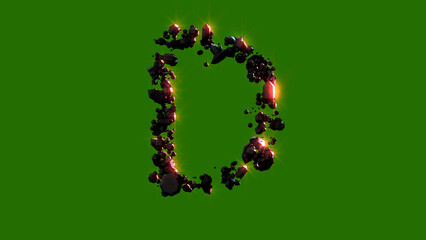 dark stones with red glowing letter D - cosmic fire rocks alphabet, isolated - object 3D illustration