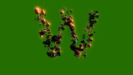 dark stones with red glowing letter W - cosmic lava rocks font, isolated - object 3D rendering