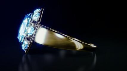 golden ring with blue topaz or diamond gemstone, isolated, fictional design - object 3D rendering
