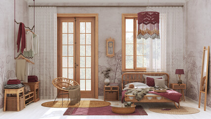 Boho chic farmhouse bedroom with rattan bed and furniture. Jute carpet and decors in white and red tones. Floral wallpaper, bohemian interior design