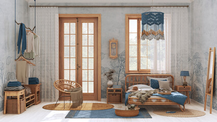 Boho chic farmhouse bedroom with rattan bed and furniture. Jute carpet and decors in white and blue tones. Floral wallpaper, bohemian interior design
