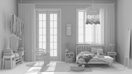 Total white project draft, boho chic farmhouse bedroom with rattan bed and furniture. Jute carpet and decors. Bohemian interior design