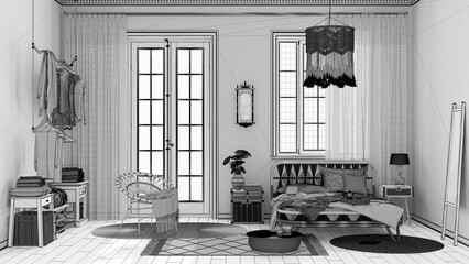 Blueprint unfinished project draft, boho chic farmhouse bedroom with rattan bed and furniture. Jute carpet and decors. Bohemian interior design
