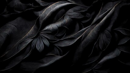 Black luxury cloth, silk satin velvet, with floral shapes, gold threads, luxurious wallpaper,...