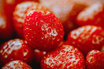 Ripe juicy red strawberries. Bunch of red strawberries. A group of ripe berries. Healthy food. Ripe fruits.