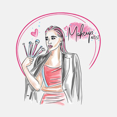 Makeup artist, beauty beauty master, handwritten inscription, girl with brushes in her hands