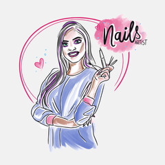 Nails artist, beauty master, handwritten lettering, girl with tools in her hands