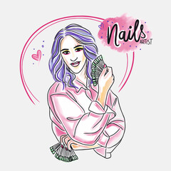 Nails artist, beauty master, handwritten lettering, girl with tools in her hands