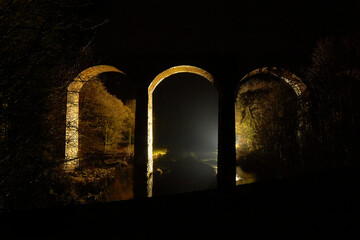 Glenluce viaduct over the river Luce in Scotland in the dark at night