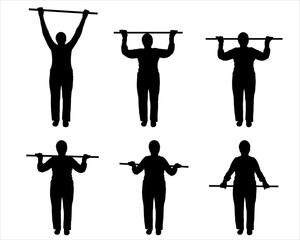 A woman performs physical exercises with a stick in her hands. An older woman raises/lowers her hands up. Sports and the elderly. Front view, full face. Six black female silhouettes isolated on white