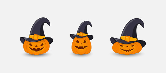 Set of cartoon pumpkins in hats with scared faces. Halloween vector illustration.