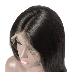 close up of straight remy black human hair weaves extensions lace wigs on mannequin