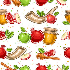 Vector Rosh Hashanah seamless pattern, square repeating background with set of cut out illustrations of still life compositions farm honey jar, fresh fruits, horn for rosh hashanah on white background