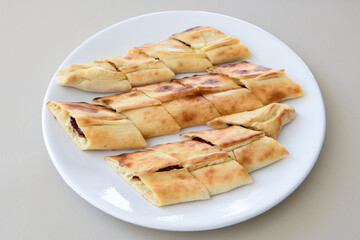 Turkish pita with minced cubed meat and cheese (Turkish name: Kiyma Kusbasi kasarli pide)