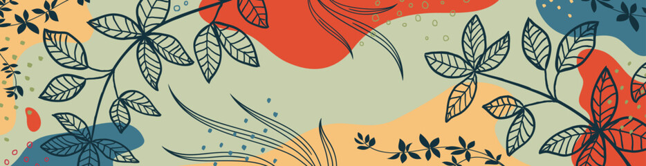 Botanical banner with organic shapes, leaves, plants. Abstract natural elements in trendy doodle style for holiday, business. Modern, trendy vector background, template. Simple, minimal design.