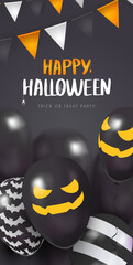Template black banner with 3d balloons with faces. Happy Halloween