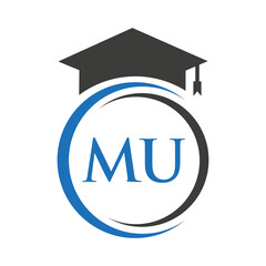 Letter MU Education Logo Concept With Educational Graduation Hat Vector Template