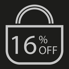 16 percent off. Black banner with shopping bag illustration