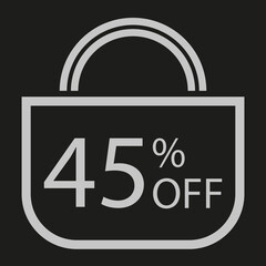 45 percent off. Black banner with shopping bag illustration