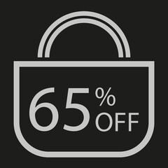 65 percent off. Black banner with shopping bag illustration