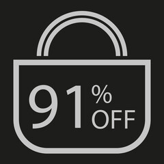91 percent off. Black banner with shopping bag illustration