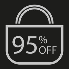 95 percent off. Black banner with shopping bag illustration