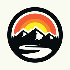 Mountain and river circle emblem vector illustration isolated