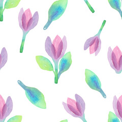 Fototapeta na wymiar Seamless watercolor pattern with flowers and leaves in a childish minimalist style on a white background.