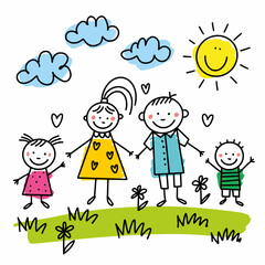 Obraz na płótnie Canvas Children's drawing of a happy family. Mom, Dad, kids vector drawing by hand.