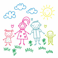 Obraz na płótnie Canvas Children's drawing of a happy family. Mom, Dad, kids vector drawing by hand.