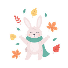 Cute white bunny in scarf with autumn leaves. Autumn, hello autumn. Hand drawn vector illustration